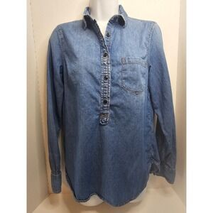 J.Crew Pop Over Denim‎ Shirt Long Sleeve Button Half Button Down SZ 4 Chambray